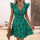 Flowers Print Ruffled Sleeveless Dress Summer Deep V-neck Slim-waist Short Dresses - Minihomy