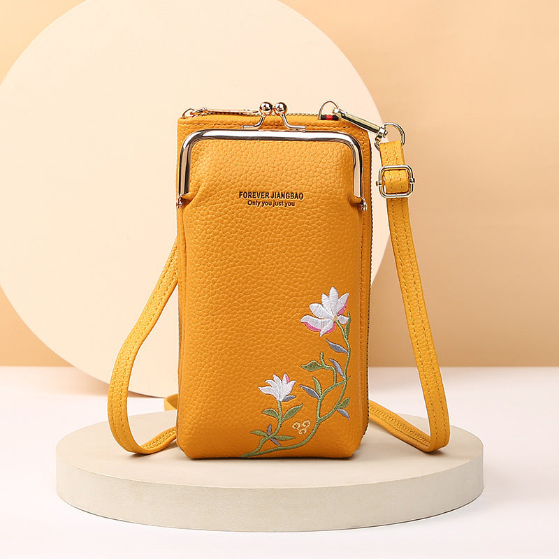 Flower Embroidery Phone Bag With Lock Buckle Outdoor Long Wallet Fashion Shoulder And Crossbody Bags - Minihomy