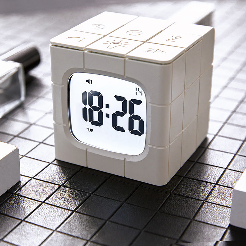 Rubik's Cube Model Alarm Clock - USB Charging, Voice Control, LED Night Light