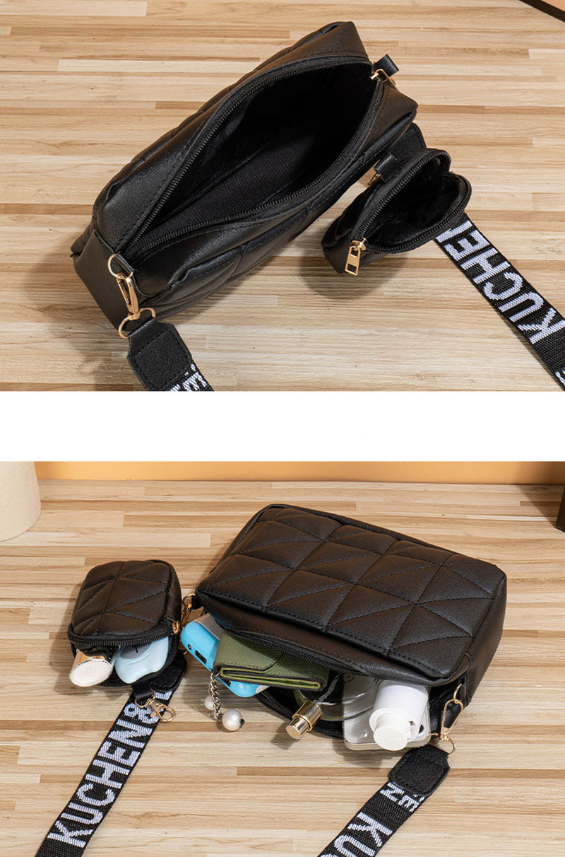 2Pcs Rhombus Shoulder Bag With Wallet - Letter Print Wide Shoulder Strap Small Square Bag - Minihomy