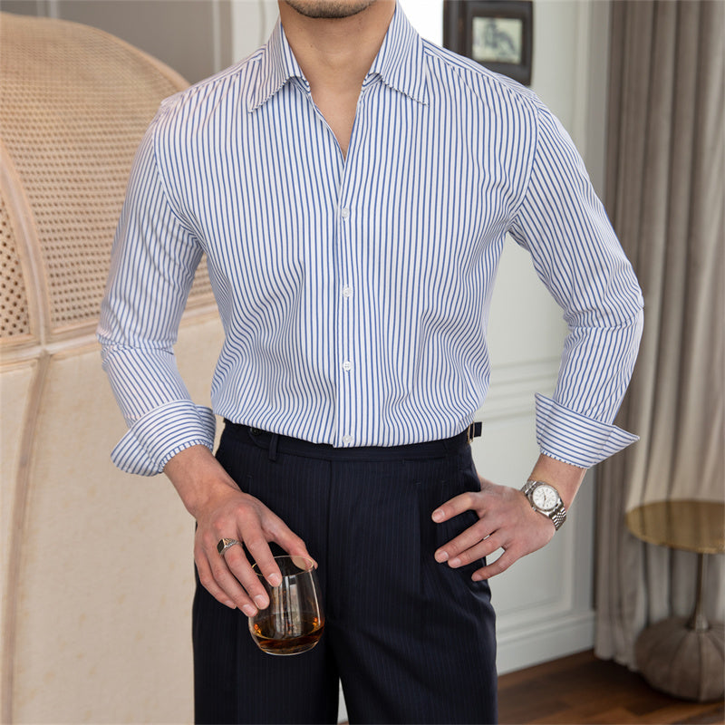 All-match Striped One-piece Collar Long-sleeved Shirt Slim Fit - Minihomy