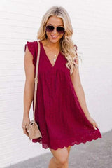 Lace Dresses With Pocket Summer Sleeveless Jacquard Cutout V-Neck Beach Dress - Minihomy