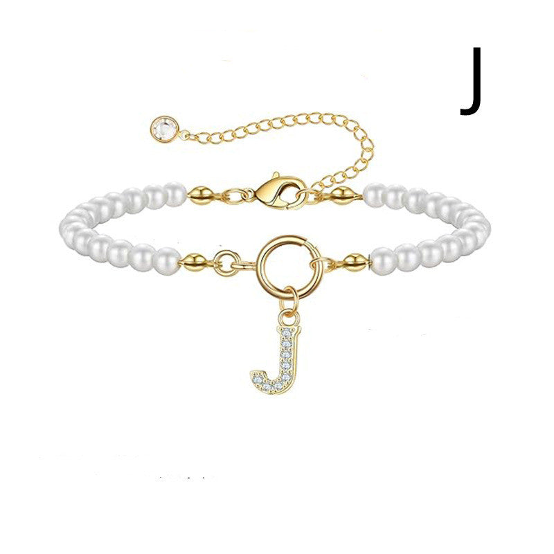 Personalized Initial Bracelet with Pearl Charm - A-Z Letter Toggle Clasp Jewelry Gift for Women - Minihomy