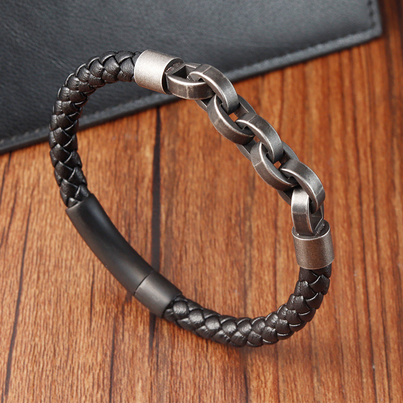 Black Genuine Leather Chain Bracelet with Magnetic Buckle - Minihomy