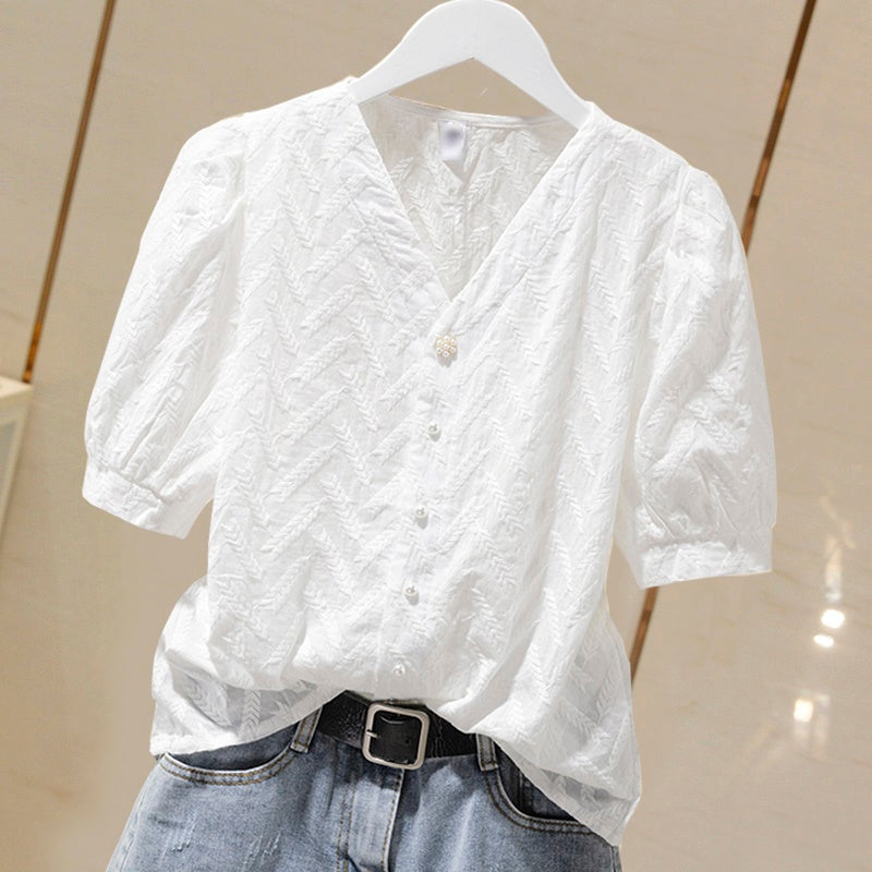 Cotton Embroidered Puff Sleeve Shirt Tops Women White Ladies Shirts - Minihomy