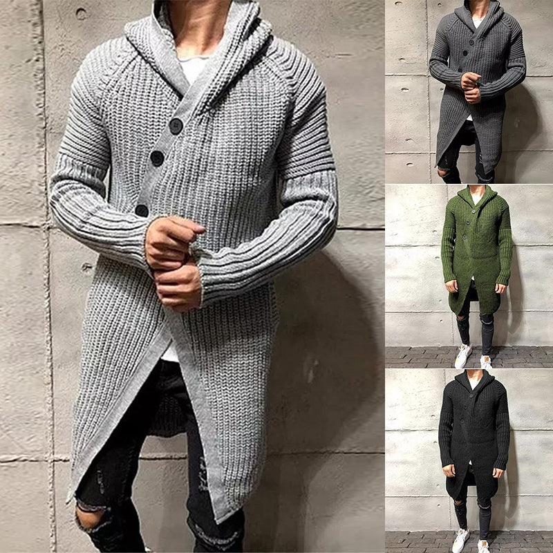 Long Knitted Hooded Sweater Coat Men Solid Color Button Casual Clothes - Minihomy