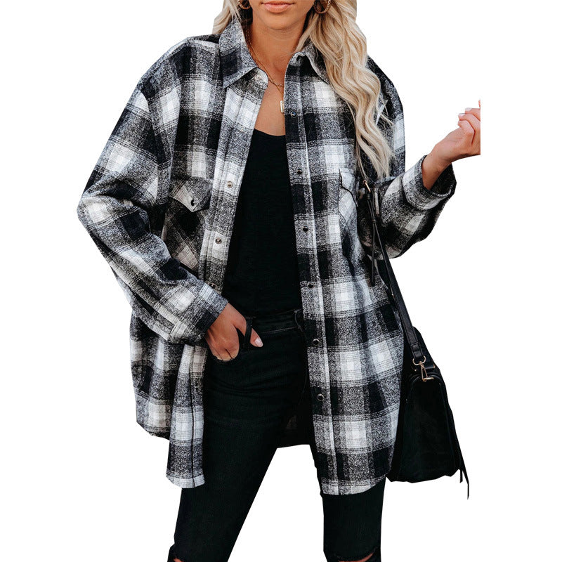 Plaid Shirt Women Spring Mid-length Loose Blouse Turndown Collar Shirt Clothing - Minihomy