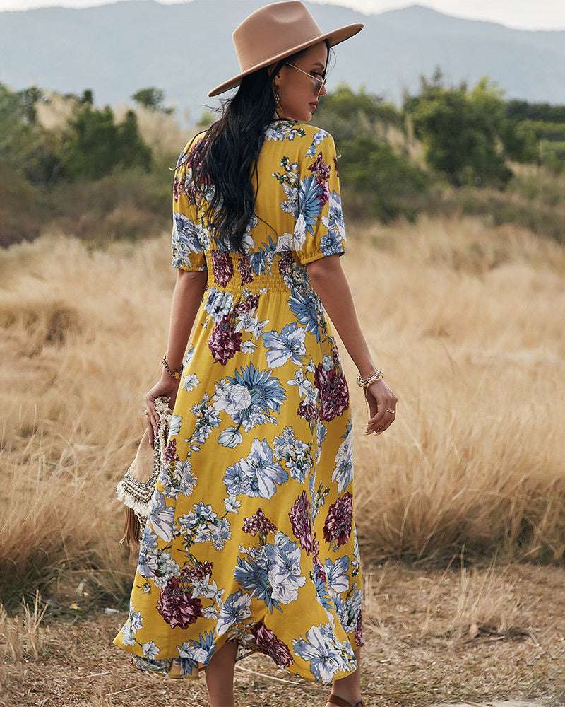 Floral Summer Beach Dress With V Neck Elastic Waist Dresses For Women - Minihomy