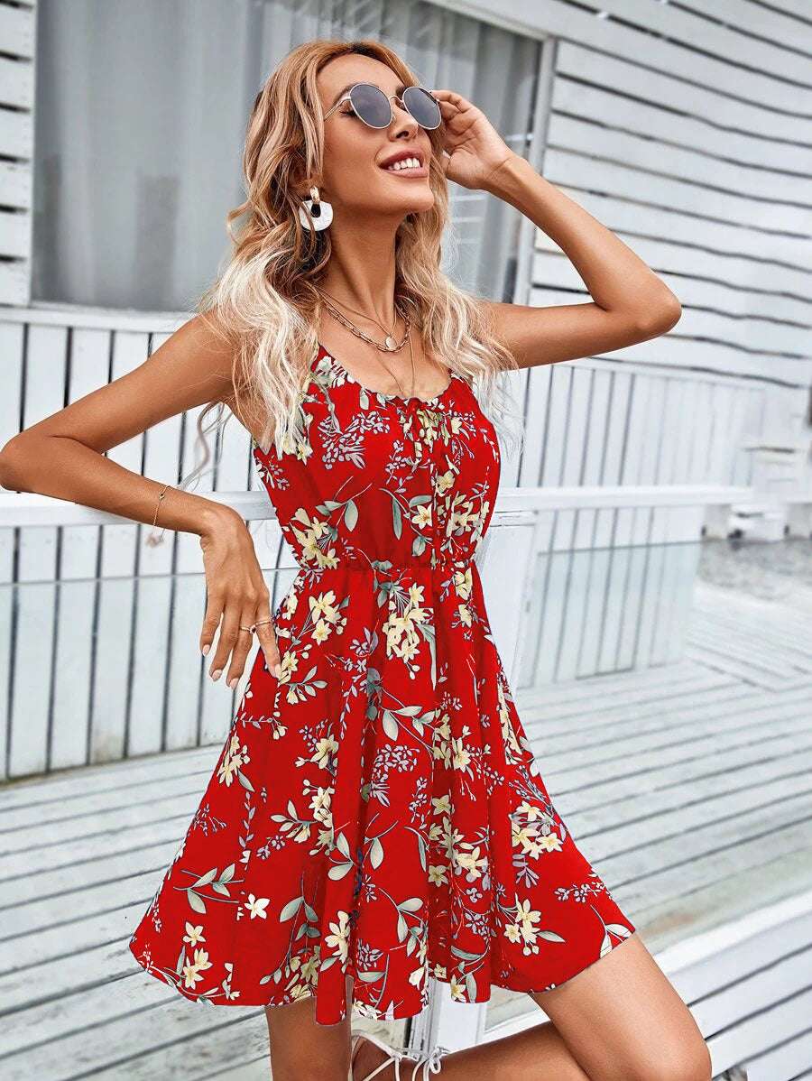 Floral Print Suspender Dress With Elastic Waist Design Fashion Summer Short Dresses Womens Clothing - Minihomy