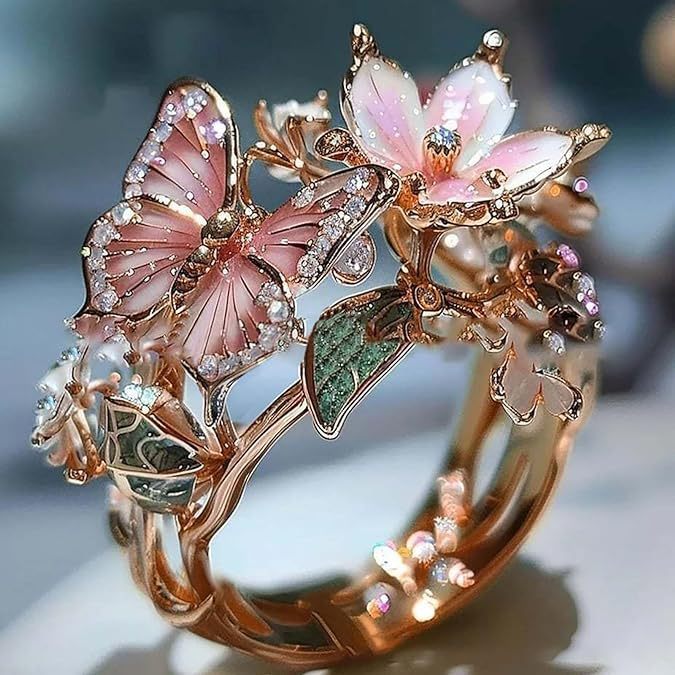 Gold Plated Butterfly Flower Crystal Ring for Women - Elegant Aesthetic Jewelry - Minihomy