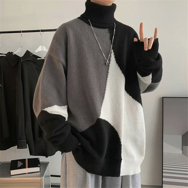 Contrasting Color High-neck Pullover Outer Wear Lazy Wind Thickened Base Sweater Men - Minihomy