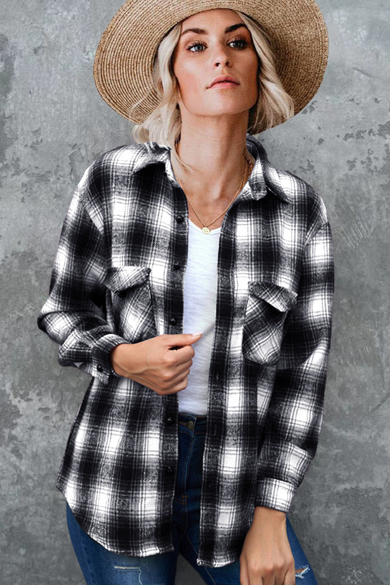 Plaid Shirt Women Spring Mid-length Loose Blouse Turndown Collar Shirt Clothing - Minihomy