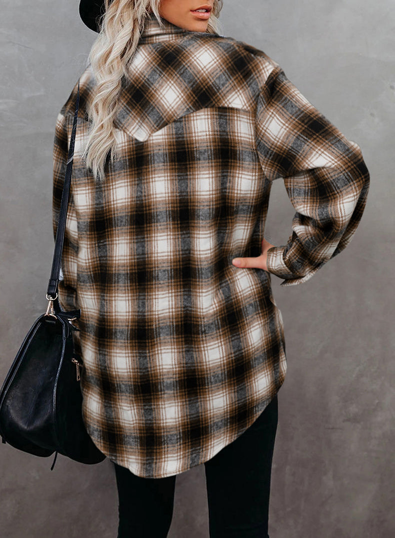 Plaid Shirt Women Spring Mid-length Loose Blouse Turndown Collar Shirt Clothing - Minihomy