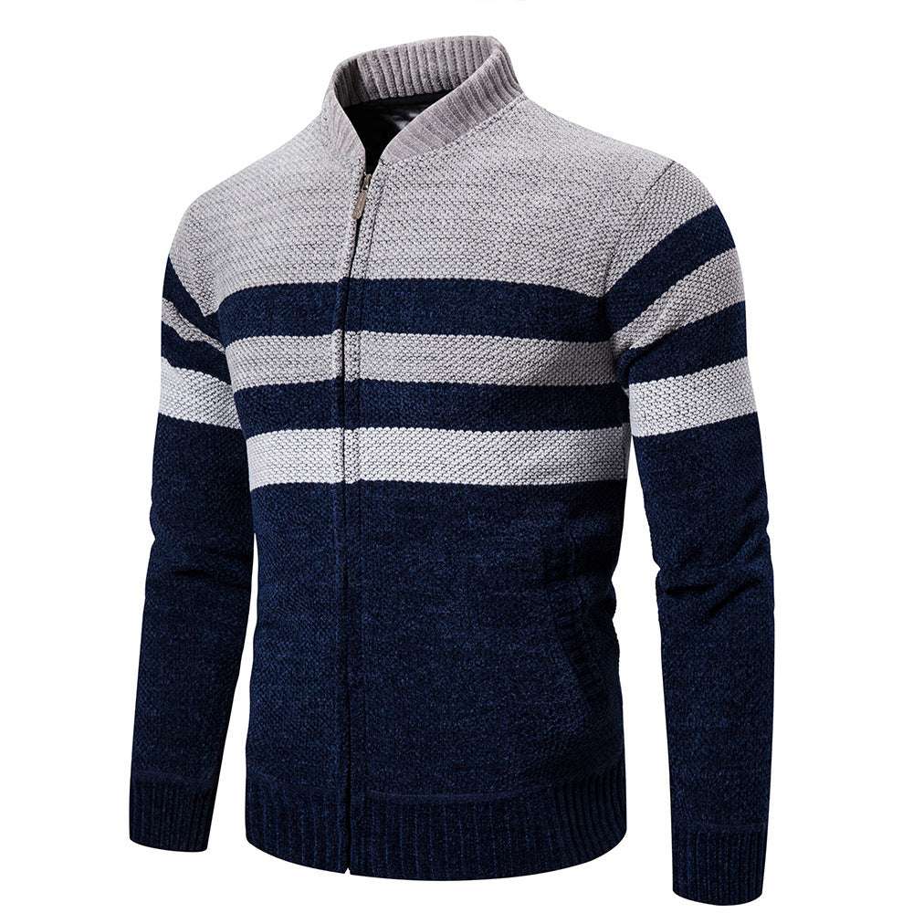 Casual Sweater Men Stand Collar Striped Color Matching Long Sleeves - Minihomy