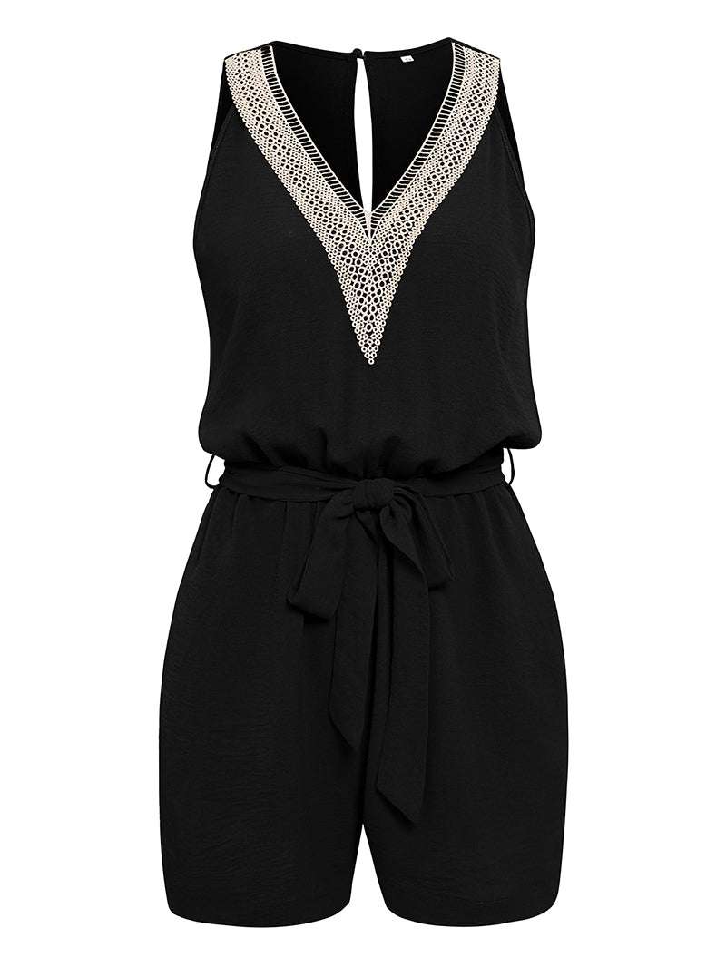 Casual Jumpsuit Lace V-neck Sleeveless Tops Tie-up Shorts Summer Beach Clothes - Minihomy