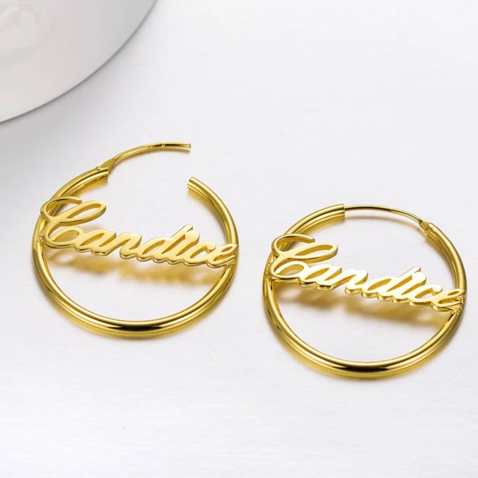 Custom Hoop Earrings Name Letter Stainless Steel Gold Color - Minihomy