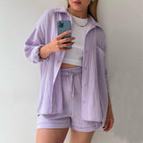 Long Sleeve Shirt and High Waist Drawstring Shorts Set - Minihomy