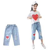 Girls White T-shirt Ripped Jeans Kids Suit - Minihomy