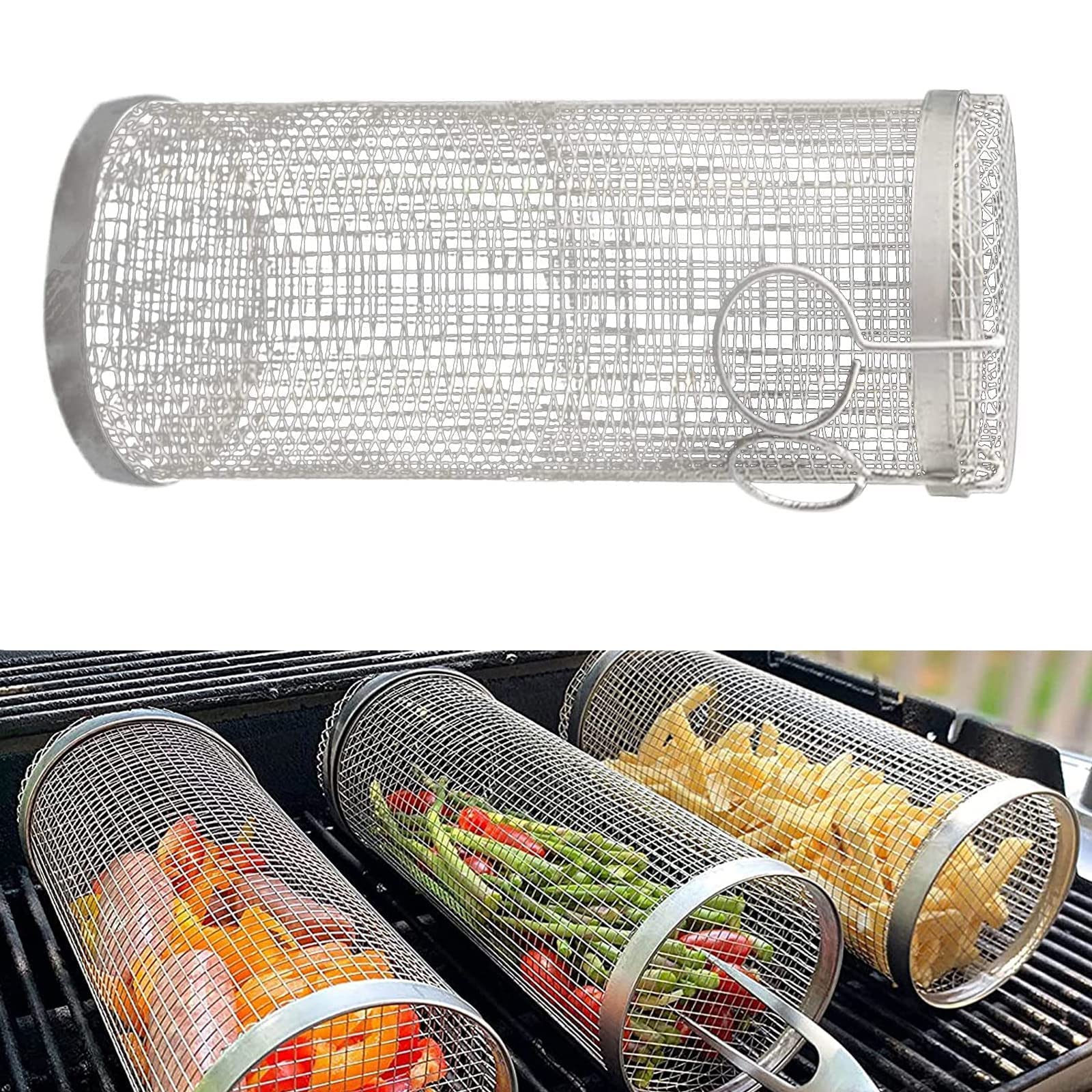 Portable Rolling Grilling Basket - Metal BBQ Barbecue Basket Net - Minihomy