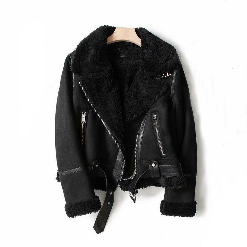 Women's Warm Suede Lamb Wool Winter Motorcycle Jacket