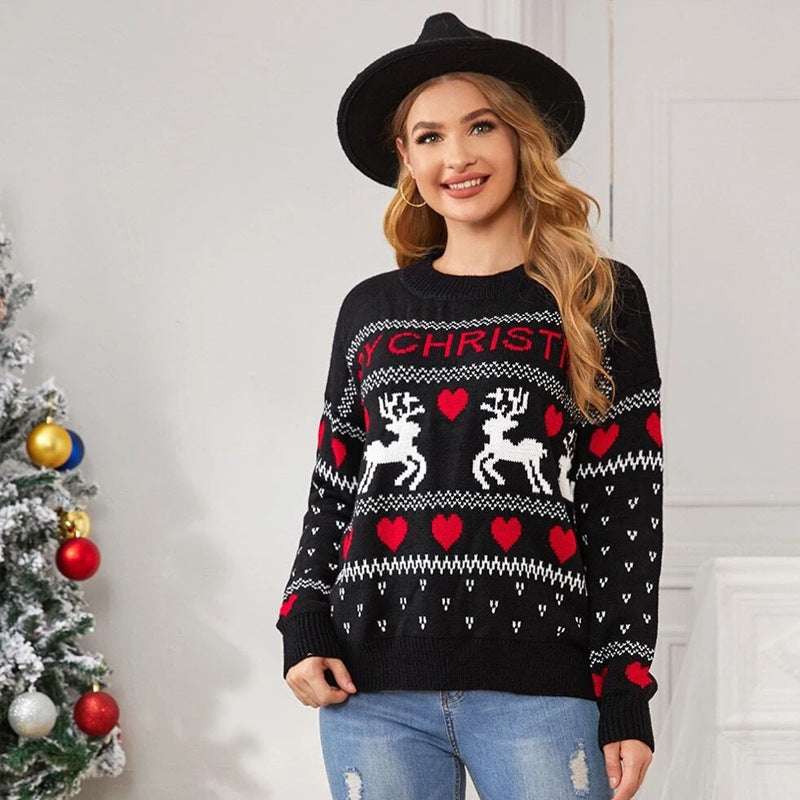 Cute Elk Heart Print Sweater Women Pullover Christmas Knitted Sweater Winter Tops - Minihomy