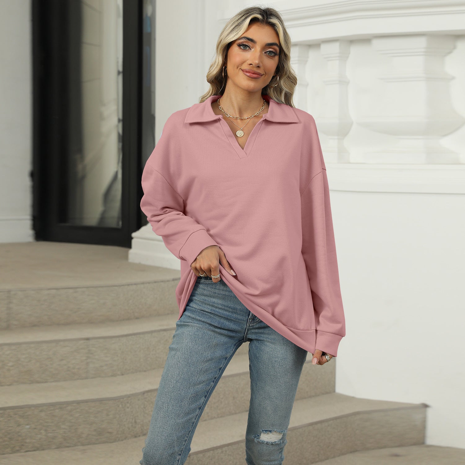 New Lapel V-neck Sweatshirt Fashion Casual Loose Solid Color  Long-sleeved Pullover Top For Womens Clothing - Minihomy