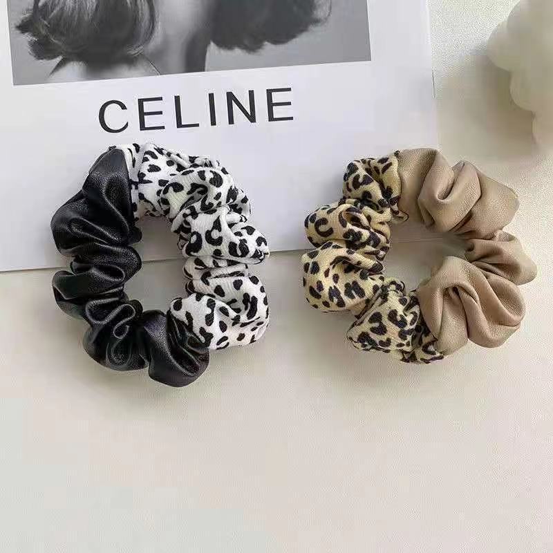 Leopard Print Leather Stitching New Color Block Large Intestine Hair Ring - Minihomy