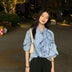 Casual Blue Striped Shirts For Women Lapel Long Sleeve Bowknot Patchwork Blouses - Minihomy