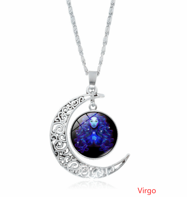 12 constellation time gemstone half moon pendant necklace - Minihomy