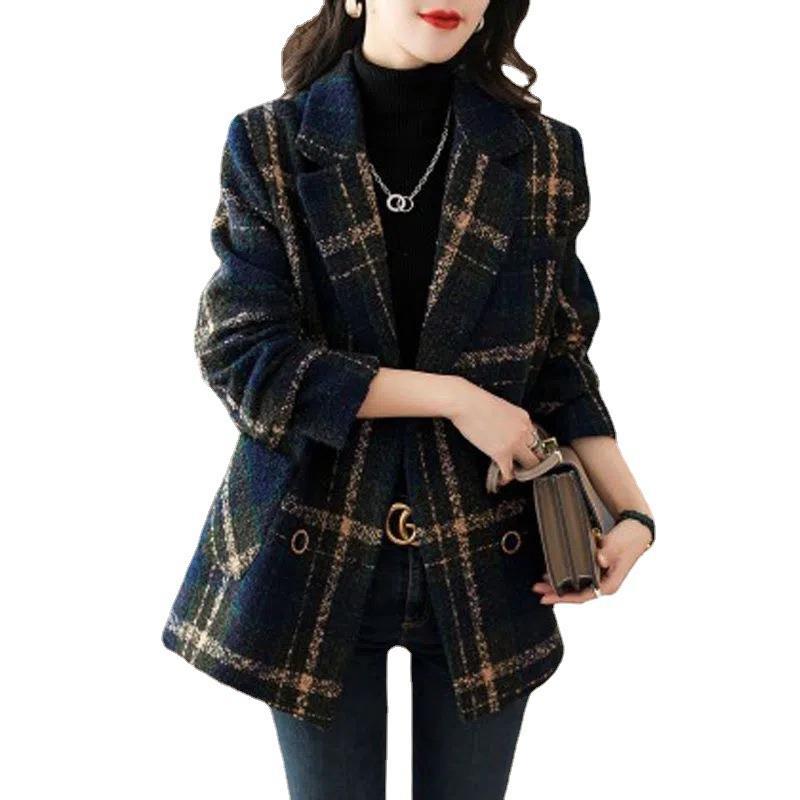 Coat Slimming Retro Plaid Patchwork Wool Female Suit - Minihomy