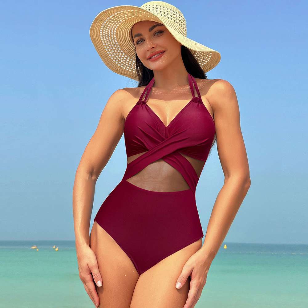 Halter-neck One-piece Swimsuit Summer Solid Color Cross-strap Design Mesh Bikini Beach Vacation Womens Clothing - Minihomy