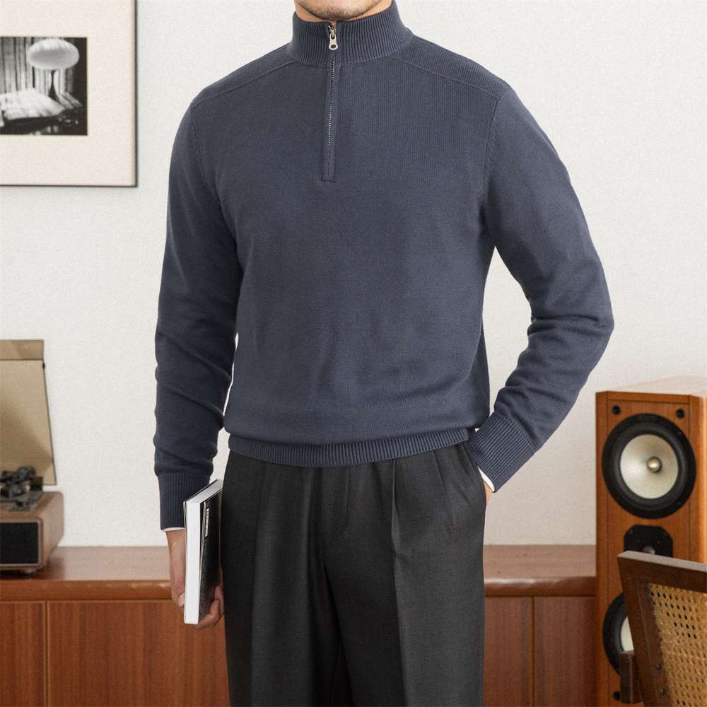 Commuter Slim-Fit Stand-up Collar Zipper Wool Sweater - Minihomy