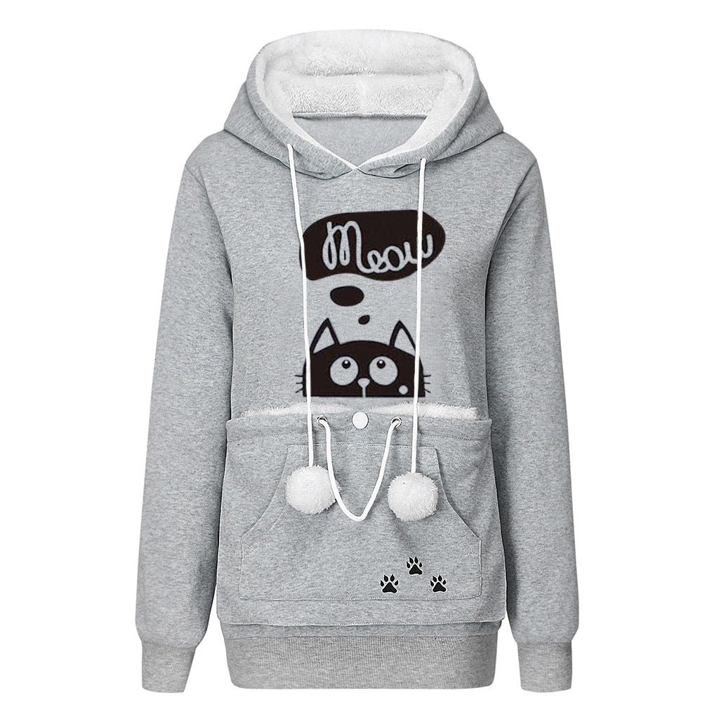 Casual Cat Print Hoodie With Big Pocket for Pets - Women's Long Sleeve Sweater - Minihomy