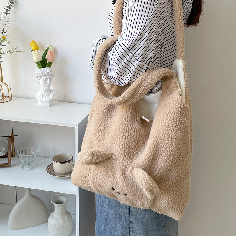 Personalized 3D Cartoon Bear Lamb Wool Shoulder Bag for Women - Minihomy