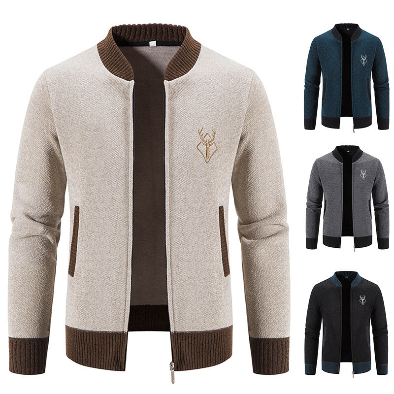 Men's Slim Stand Collar Elk Embroidered Coat - Minihomy