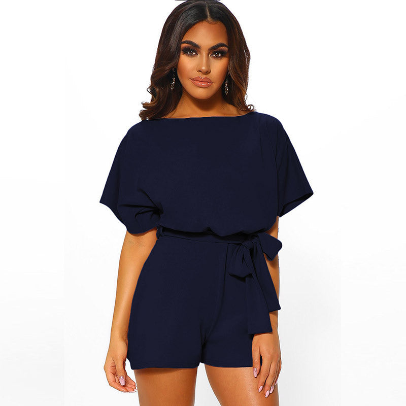 Solid Round Neck Short Sleeves with Belt Tight Waist Dress-up Loose Lady Romper