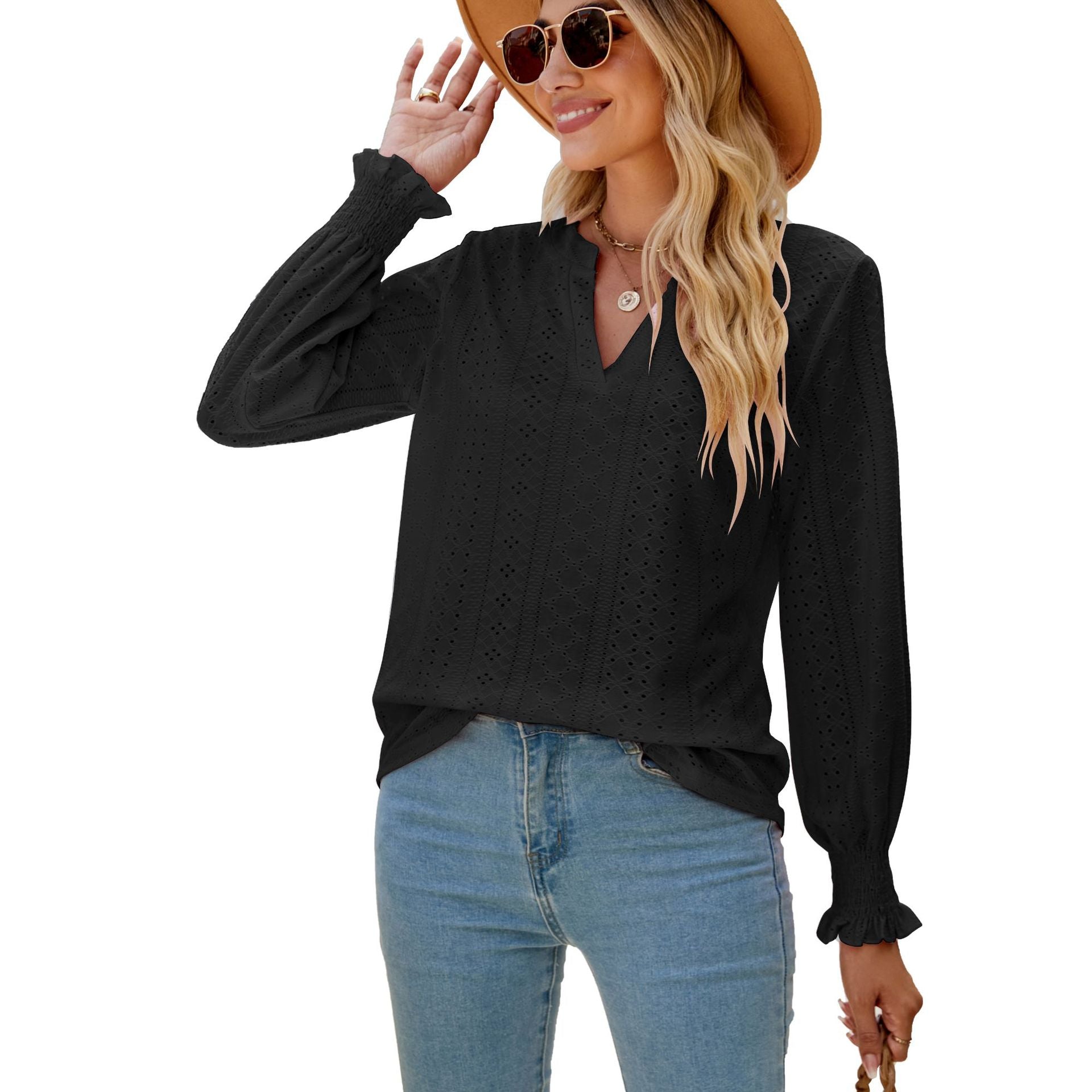 Solid Color Hollow-out Pleated Ruffle Shirt - V-neck Loose Long Sleeve Women's Top