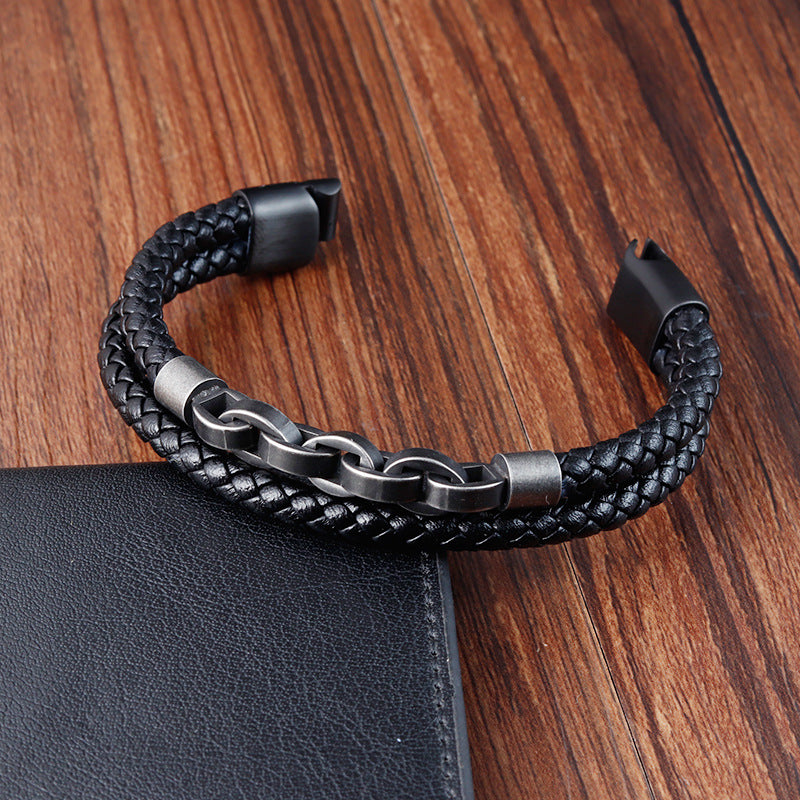 Black Genuine Leather Chain Bracelet with Magnetic Buckle - Minihomy