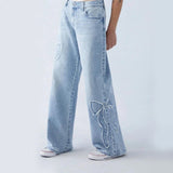 Women's Embroidered Butterfly Frayed Jeans: Baggy Straight Trousers