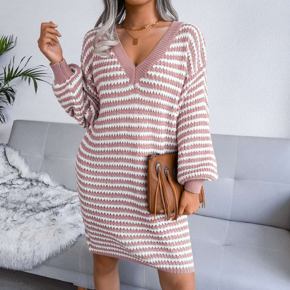 Ins Striped Sweater Dress V-neck Long Sleeve Dresses For Women - Minihomy