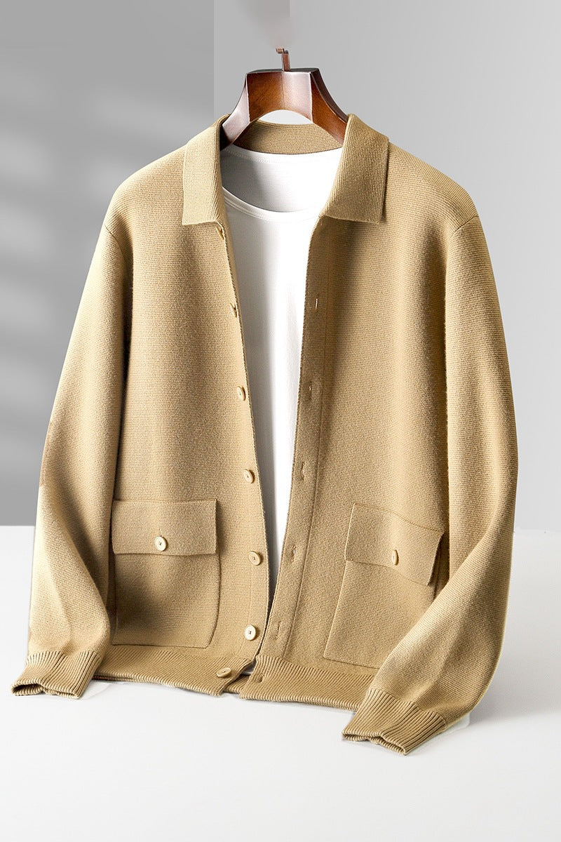 Men's Polo Collar Solid Color Wool Cardigan Autumn Winter Retro Pocket Thick Coat - Minihomy