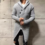 Long Knitted Hooded Sweater Coat Men Solid Color Button Casual Clothes - Minihomy