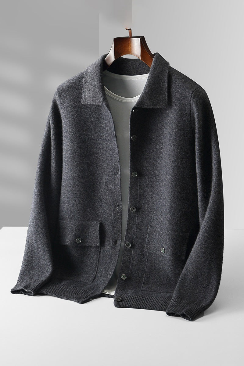 Men's Polo Collar Solid Color Wool Cardigan Autumn Winter Retro Pocket Thick Coat - Minihomy