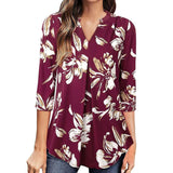 Flowers Print Tops V Neck Long Sleeve Flowers Print Shirt Women Blouse - Minihomy