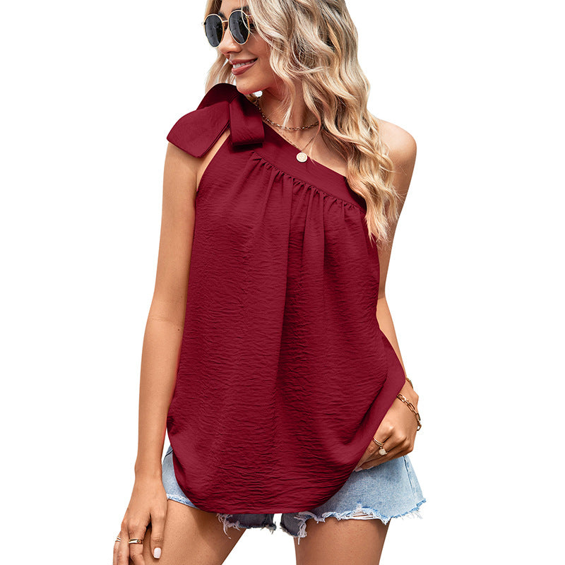 Cross-border Women's Clothing Shoulder Lace-up Bow Top One-shoulder Vest - Minihomy