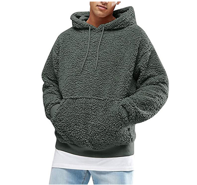 Mens Warm Hoodie Fluffy Fleece Hooded Winter Sweatshirts Casual Long Sleeveless Sweatshirt - Minihomy