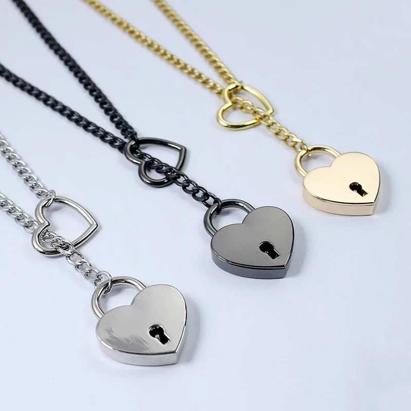 Adjustable Heart Lock Cuban Chain Necklace with Key - Silver/Gold - Minihomy