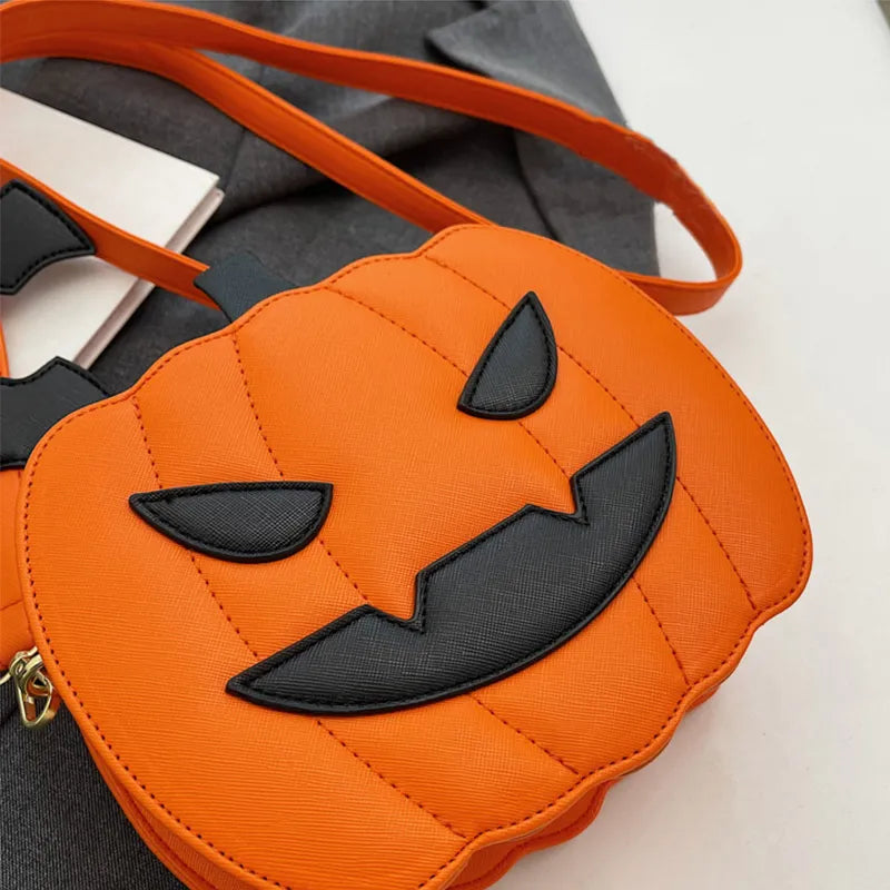 Halloween Bags Funny Pumpkin Cartoon Shoulder Crossbody Bag With Bat - Minihomy