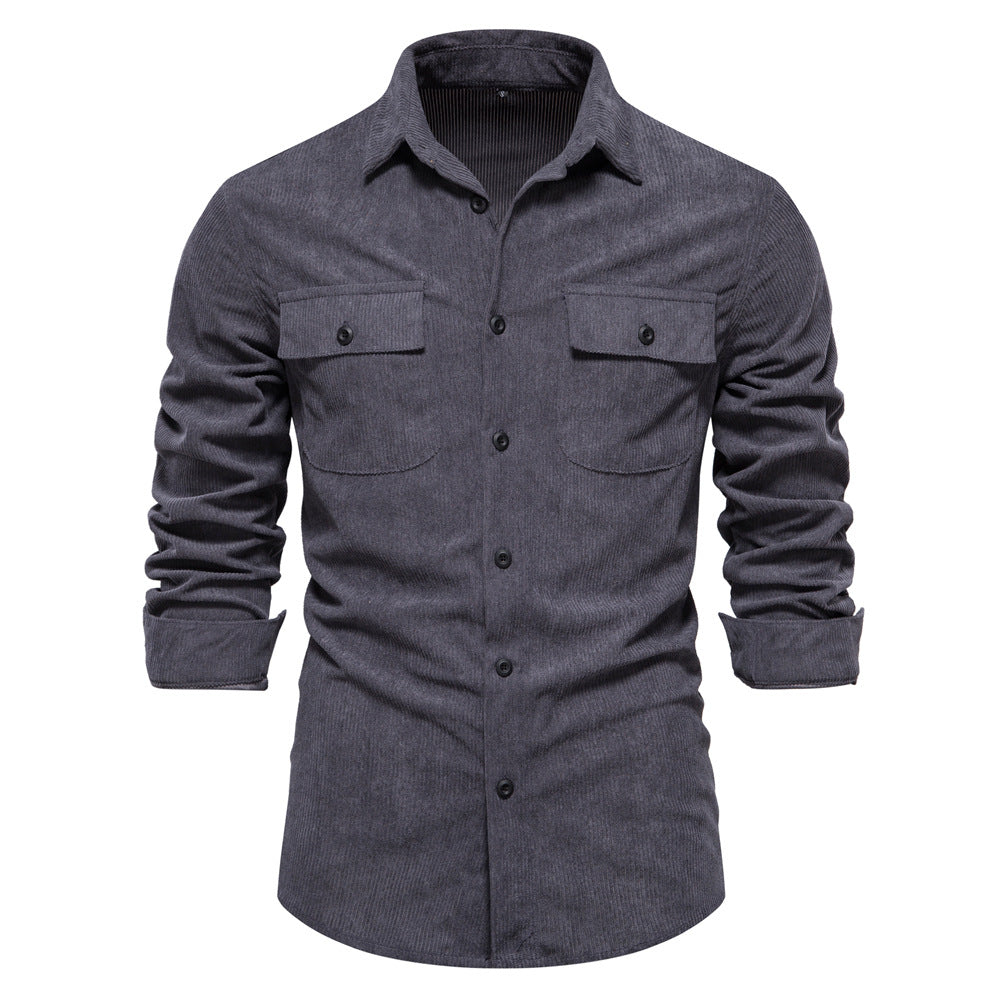 Men's Slim Corduroy Solid Color Long Sleeve Shirt - Minihomy