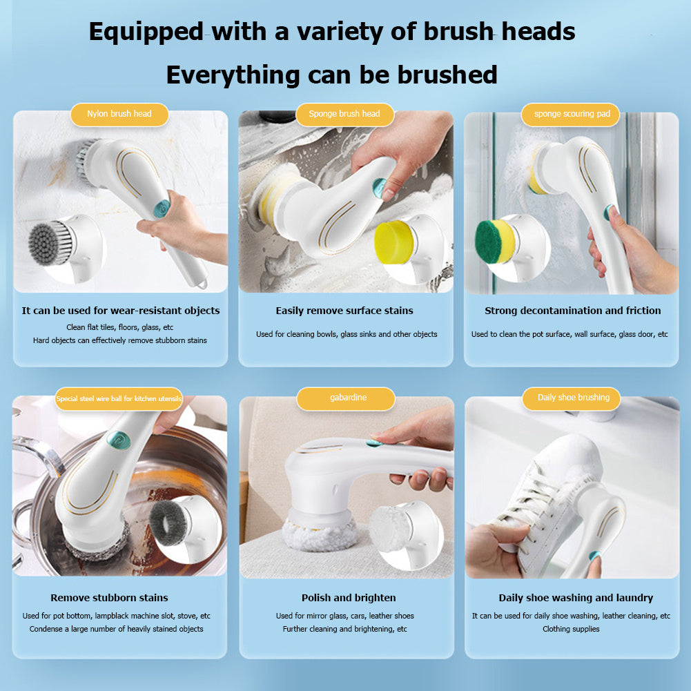 Cordless Electric Handheld Dishwashing Brush & Scrubber Set - 5 Heads, USB Charging - Minihomy